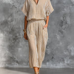 ElevenOra Chic Elegant Camel Stripes Cotton Linen Blend Stand-Collar Short-Sleeve Shirt Elastic-Waist Cropped Pants Loose-Fit Two-Piece Set