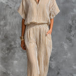 ElevenOra Chic Elegant Camel Stripes Cotton Linen Blend Stand-Collar Short-Sleeve Shirt Elastic-Waist Cropped Pants Loose-Fit Two-Piece Set