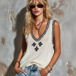 ElevenOra Chic Elegant Cream White V-Neck Sleeveless Contrast Jacquard Detail Loose-Ft Knit Vest Top