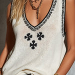 ElevenOra Chic Elegant Cream White V-Neck Sleeveless Contrast Jacquard Detail Loose-Ft Knit Vest Top