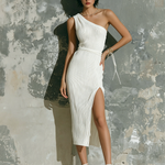 ElevenOra Chic Elegant White One Shoulder  Sleeveless Side Slit Slim-Fit Ribbed Knit Midi Dress