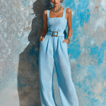 ElevenOra Chic Elegant Sky Blue Wide Strap Square-Neck Sleeveless Tie-Waist Waffle Textured Fabric Wide-Leg Jumpsuit