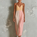 ElevenOra Chic Elegant Off-White-Pink Colorblock Spaghetti Strap V-Neck Sleeveless Loose-Fit Cotton-Linen Blend Midi Dress