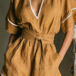 ElevenOra Chic Elegant Camel Lapel V-Neck Contrast Trim Short-Sleeve Loose-Fit Self-Tie Waist Cotton-Linen Blend Ropmer