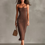 ElevenOra Chic Elegant Brown-White Dots Jacquard Spaghetti Straps Square-Neck Sleeveless Slim-Ft Knit Midi Dress