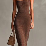 ElevenOra Chic Elegant Brown-White Dots Jacquard Spaghetti Straps Square-Neck Sleeveless Slim-Ft Knit Midi Dress