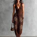 ElevenOra Chic Elegant Brown V-Neck Sleeveless Tailored-Waist Star Jacquard Rib Detail Knit Maxi Dress