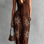 ElevenOra Chic Elegant Brown V-Neck Sleeveless Tailored-Waist Star Jacquard Rib Detail Knit Maxi Dress
