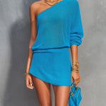 ElevenOra Chic Elegant Blue One-Shoulder Asymmetrical Sleeve Loose-Fit Sweater A-Line Mini Skirt Knit Two-Piece Set