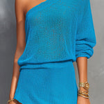 ElevenOra Chic Elegant Blue One-Shoulder Asymmetrical Sleeve Loose-Fit Sweater A-Line Mini Skirt Knit Two-Piece Set