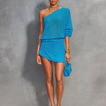 ElevenOra Chic Elegant Blue One-Shoulder Asymmetrical Sleeve Loose-Fit Sweater A-Line Mini Skirt Knit Two-Piece Set