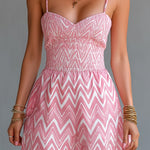ElevenOra Chic Elegant Pink Geometrical Print Spaghetti Straps V-Neck Sleeveless Shirring Detail Tailored-Waist Romper