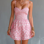 ElevenOra Chic Elegant Pink Geometrical Print Spaghetti Straps V-Neck Sleeveless Shirring Detail Tailored-Waist Romper