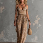 ElevenOra Chic Elegant Camel Geometrical Print Spaghetti Straps V-Neck Sleeveless Tie-Waist Wide-Leg Jumpsuit
