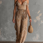 ElevenOra Chic Elegant Camel Geometrical Print Spaghetti Straps V-Neck Sleeveless Tie-Waist Wide-Leg Jumpsuit