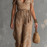 ElevenOra Chic Elegant Camel Geometrical Print Spaghetti Straps V-Neck Sleeveless Tie-Waist Wide-Leg Jumpsuit