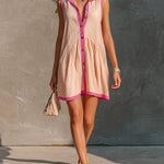 ElevenOra Chic Elegant Pink-Hot Pink Colorblock Lapel Single-Breasted Sleeveless A-Line Loose-Fit Rib Mini Dress