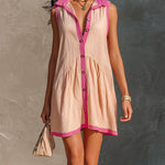ElevenOra Chic Elegant Pink-Hot Pink Colorblock Lapel Single-Breasted Sleeveless A-Line Loose-Fit Rib Mini Dress
