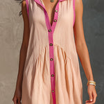 ElevenOra Chic Elegant Pink-Hot Pink Colorblock Lapel Single-Breasted Sleeveless A-Line Loose-Fit Rib Mini Dress