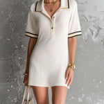ElevenOra Chic Elegant Cream White Button-Up Lapel Short-Sleeve Contrast Trim Detail A-Line Knit Mini Dress