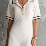 ElevenOra Chic Elegant Cream White Button-Up Lapel Short-Sleeve Contrast Trim Detail A-Line Knit Mini Dress