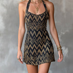 ElevenOra Chic Elegant Black-Gold Geometrical Print Halter-Neck Sleeveless  A-Line Slim-Fit Mini Dress