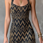 ElevenOra Chic Elegant Black-Gold Geometrical Print Halter-Neck Sleeveless  A-Line Slim-Fit Mini Dress
