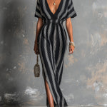 ElevenOra Chic Elegant Black-White Colorblock Stripes Deep V-Neck Short-Sleeve Elastic-Waist Side-Slit Knit Maxi Dress
