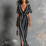 ElevenOra Chic Elegant Black-White Colorblock Stripes Deep V-Neck Short-Sleeve Elastic-Waist Side-Slit Knit Maxi Dress