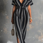 ElevenOra Chic Elegant Black-White Colorblock Stripes Deep V-Neck Short-Sleeve Elastic-Waist Side-Slit Knit Maxi Dress