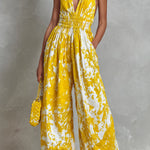 ElevenOra Chic Elegant Yellow-White Colorblock Printed Halter V-Neck Sleeveless Elastic-Waist Wide-Leg Jumpsuit
