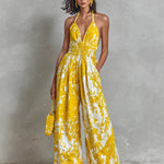 ElevenOra Chic Elegant Yellow-White Colorblock Printed Halter V-Neck Sleeveless Elastic-Waist Wide-Leg Jumpsuit