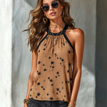 ElevenOra Chic Elegant Brown-Black Stars Pattern Halter-Round-Neck Sleeveless Loose-Fit Tank Top