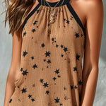 ElevenOra Chic Elegant Brown-Black Stars Pattern Halter-Round-Neck Sleeveless Loose-Fit Tank Top