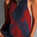 ElevenOra Chic Elegant Red-Navy Colorblock Round-Neck Sleeveless Loose-Fit Breathable Knit Vest Top