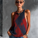 ElevenOra Chic Elegant Red-Navy Colorblock Round-Neck Sleeveless Loose-Fit Breathable Knit Vest Top