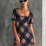 ElevenOra Chic Elegant Navy-Pink Argyle Pattern Jacquard Square-Neck Short-Sleeve A-Line Loose-Fit Knit Mini Dress