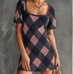 ElevenOra Chic Elegant Navy-Pink Argyle Pattern Jacquard Square-Neck Short-Sleeve A-Line Loose-Fit Knit Mini Dress