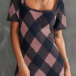 ElevenOra Chic Elegant Navy-Pink Argyle Pattern Jacquard Square-Neck Short-Sleeve A-Line Loose-Fit Knit Mini Dress
