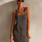 ElevenOra Chic Elegant Dark Gray Flowers Jacquard Spaghetti Straps Square-Neck Sleeveless A-Line Loose-Fit Knit Mini Dress