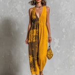 ElevenOra Chic Elegant Yellow Asymmetrical Pattern Jacquard V-Neck Sleeveless Elastic-Waist Loose-Fit Knit Straight-Leg Jumpsuit