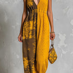 ElevenOra Chic Elegant Yellow Asymmetrical Pattern Jacquard V-Neck Sleeveless Elastic-Waist Loose-Fit Knit Straight-Leg Jumpsuit