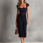 ElevenOra Chic Elegant Navy Blue Square-Neck Short-Sleeve Tailored-Waist Red Trim Detail Ribbed Knit Midi Dress