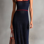 ElevenOra Chic Elegant Navy Blue Square-Neck Short-Sleeve Tailored-Waist Red Trim Detail Ribbed Knit Midi Dress