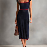 ElevenOra Chic Elegant Navy Blue Square-Neck Short-Sleeve Tailored-Waist Red Trim Detail Ribbed Knit Midi Dress