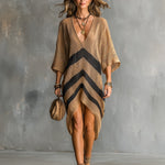 ElevenOra Chic Elegant Camel-Black Stripes Deep V-Neck Half-Sleeve Asymmetrical Hem Oversize A-Line Knit Midi Dress