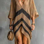 ElevenOra Chic Elegant Camel-Black Stripes Deep V-Neck Half-Sleeve Asymmetrical Hem Oversize A-Line Knit Midi Dress