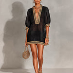 ElevenOra Chic Elegant Black Linen Blend V-Neck Half-Lantern-Sleeve Gold Trim Detail A-Line Loose-Fit Mini Dress