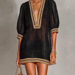 ElevenOra Chic Elegant Black Linen Blend V-Neck Half-Lantern-Sleeve Gold Trim Detail A-Line Loose-Fit Mini Dress