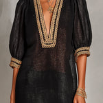 ElevenOra Chic Elegant Black Linen Blend V-Neck Half-Lantern-Sleeve Gold Trim Detail A-Line Loose-Fit Mini Dress